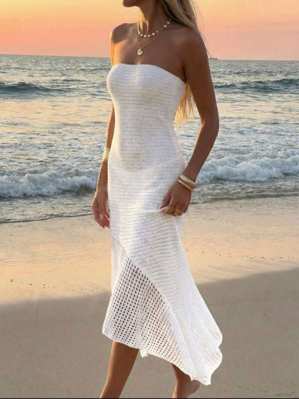 Women's strapless asymmetrical ruffled crochet maxi dress – beach cover-up NEW